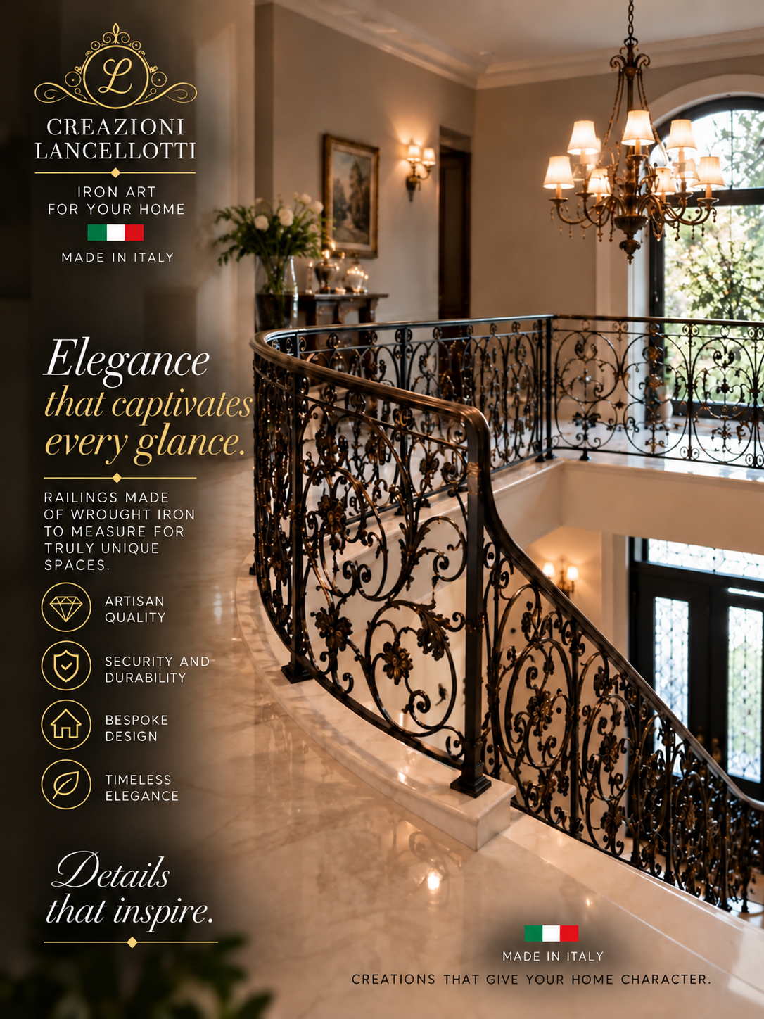 Garde-corps courbe aux ornements floraux dans le hall